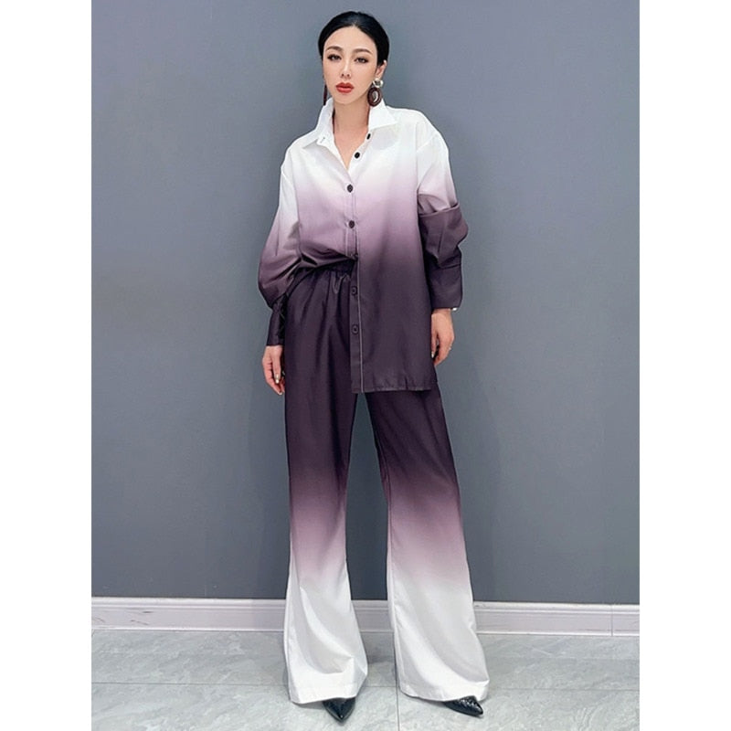 Trendy Fashion Duo Gradient Loose Long Sleeve Top & Pants Set
