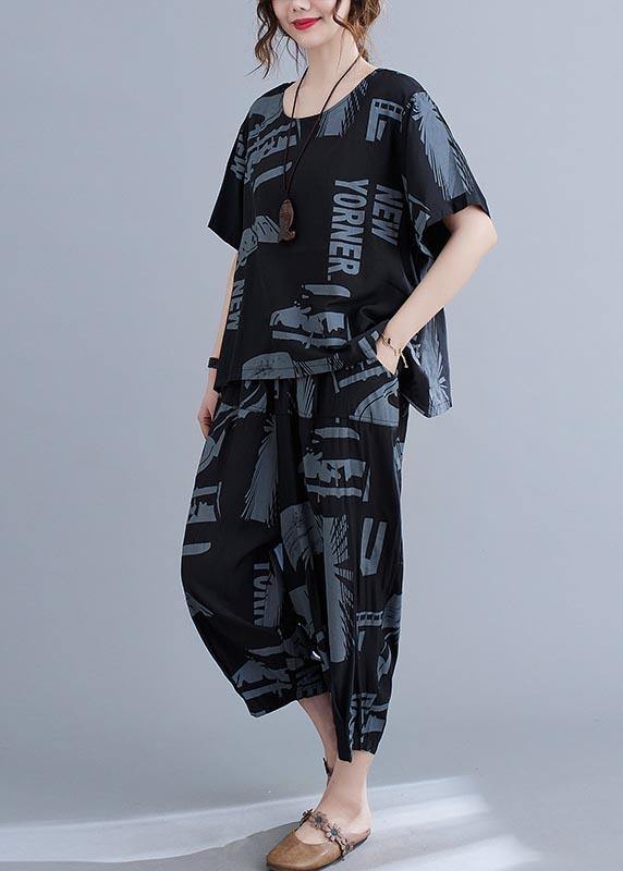 Plus Size Black Print crop pants Two Pieces Set Summer