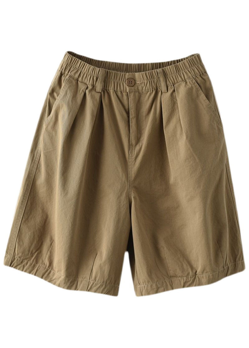 Khaki Pockets Solid Cotton Overalls Shorts Elastic Waist Summer