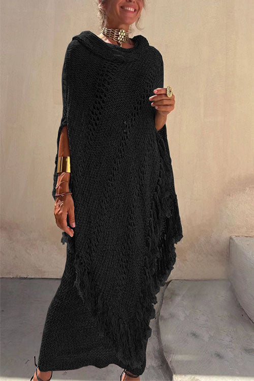 Cowl Neck Irregular Tassel Poncho Pullover Sweater