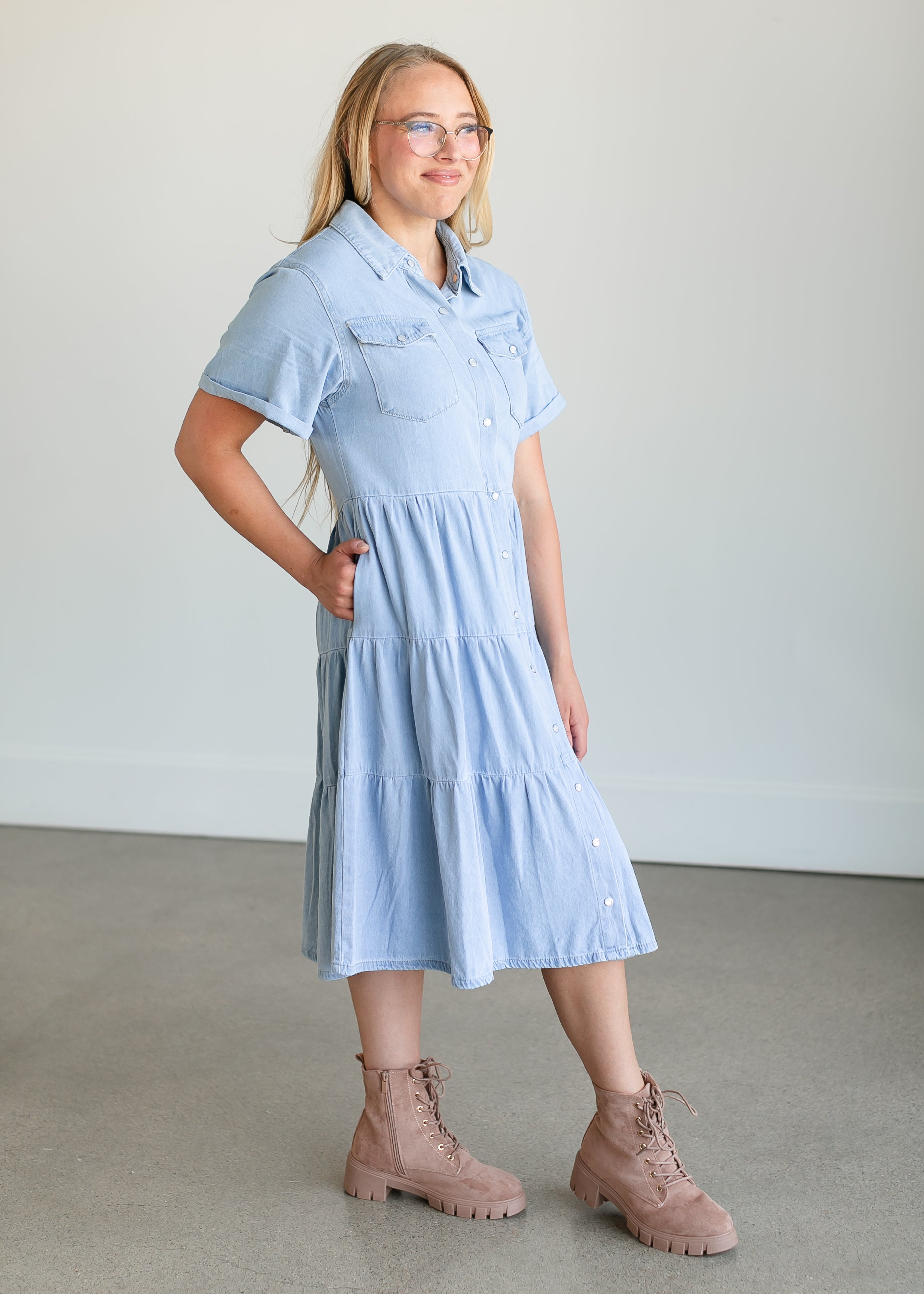 Snap Up Denim Midi Dress