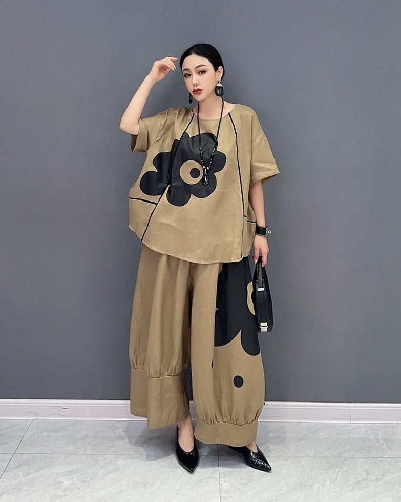 Khaki Short Sleeve Floral Tunic Top & Wide Leg Pants 2-Piece Set