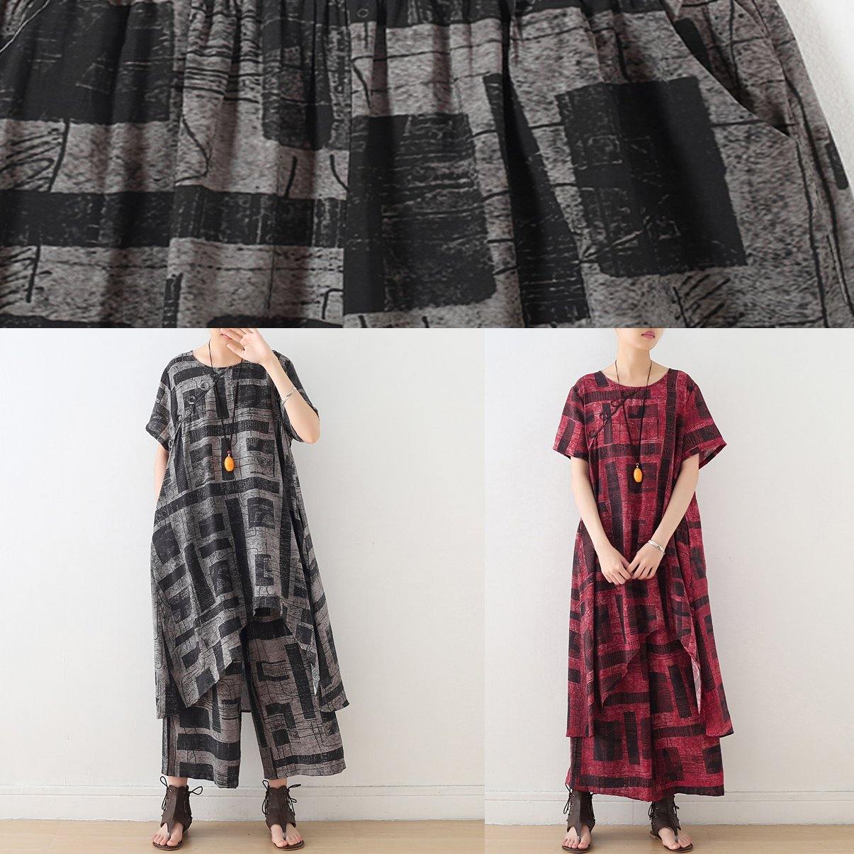 gray prints casual Chiffon two pieces side open tops and elastic waist wide leg pants