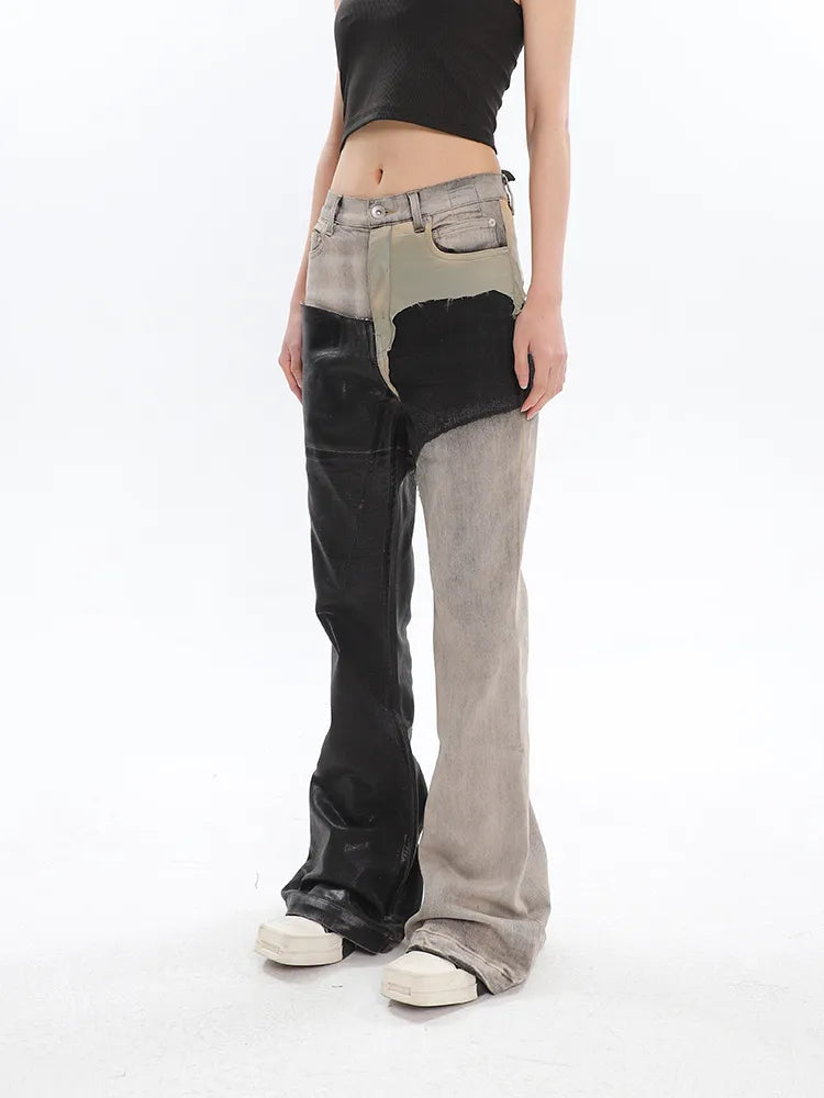 Black and Washed Denim Retro Twist Irregular Jeans