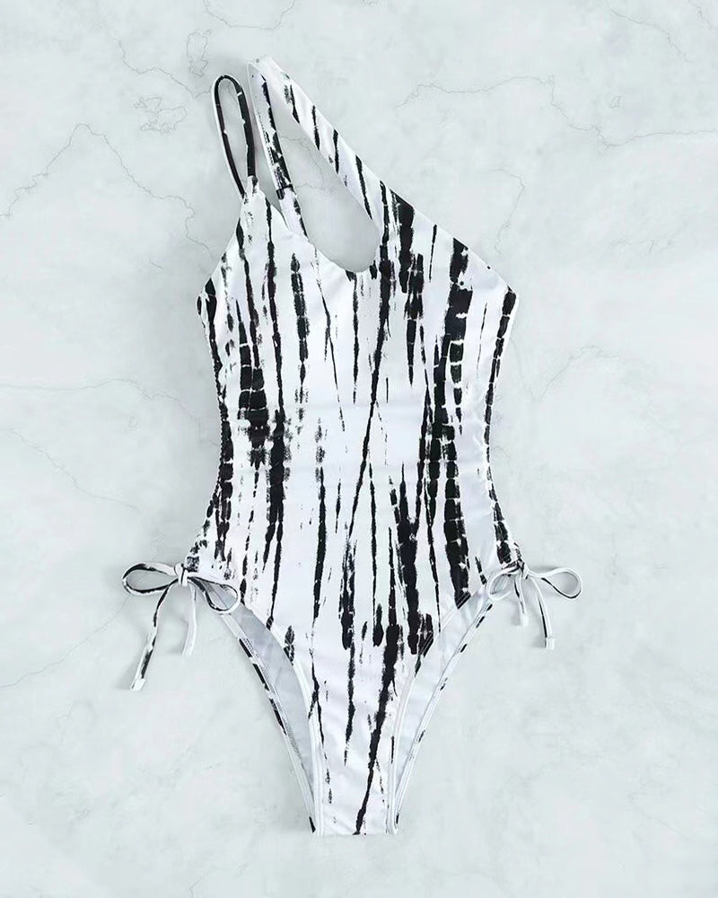 One Pieces Tie Dye Swimsuit One Shoulder Drawstring Bathing Suit