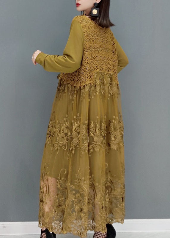 Khaki Patchwork lace Long Dresses O-Neck Embroideried Long Sleeve