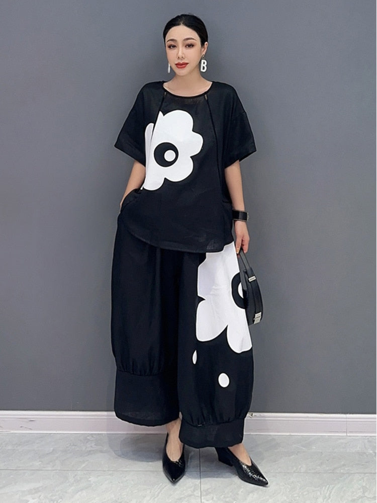 Black Short Sleeve Floral Tunic Top & Wide Leg Pants 2-Piece Set