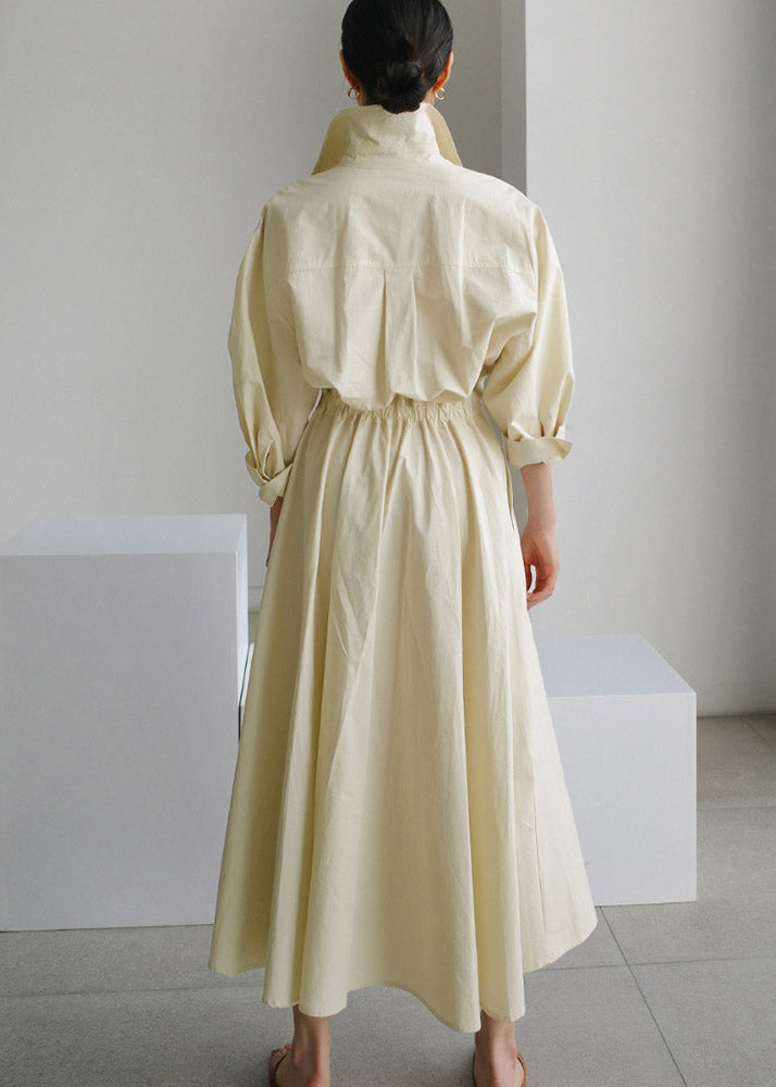 2022 Beige-yellow flower Peter Pan Collar Pockets Cotton Dress Long Sleeve