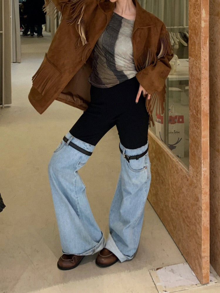 Luxury Haute Couture Thigh Jeans with Elastic Waist