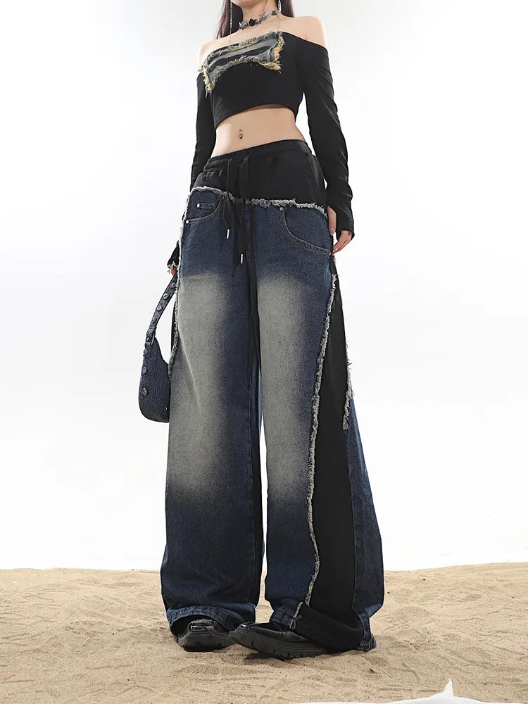 Classic Retro Elastic Waist Wide Leg Denim Pants