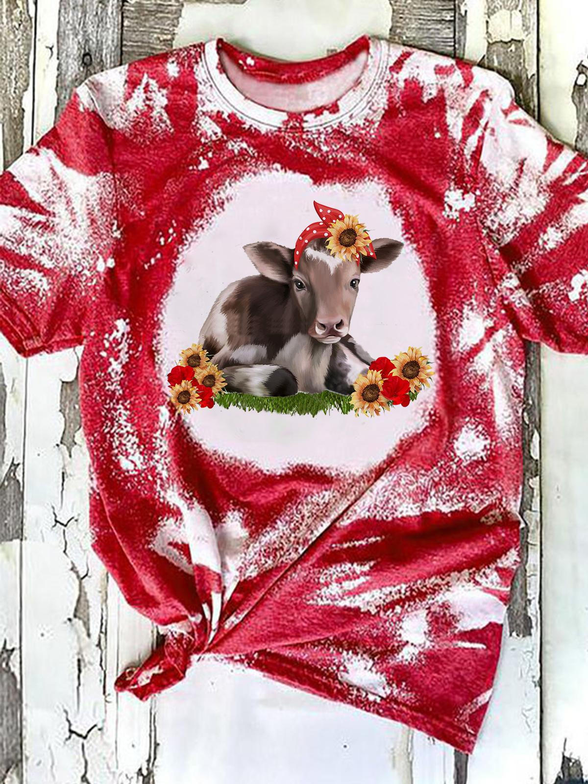 Cow Sunflower Crew Neck T-shirt