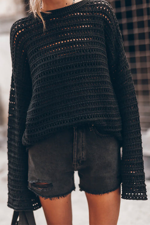 Trixiedress Crewneck Long Sleeves Hollow Out Boho Knitting Pullovers