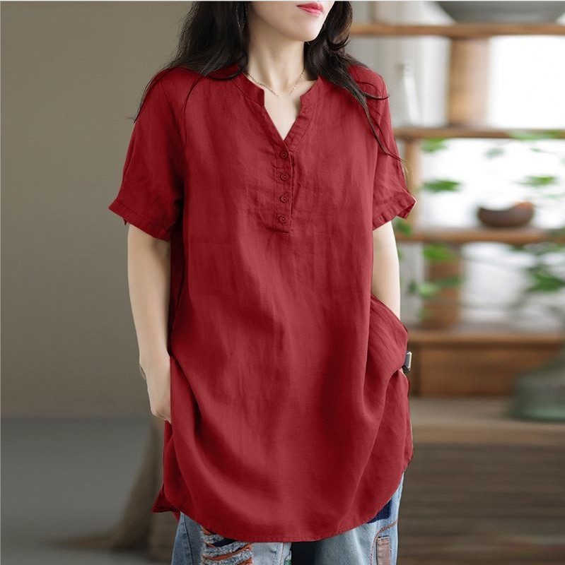 Women Summer Cotton Linen Tops Oversized Casual Short Sleeve V Neck