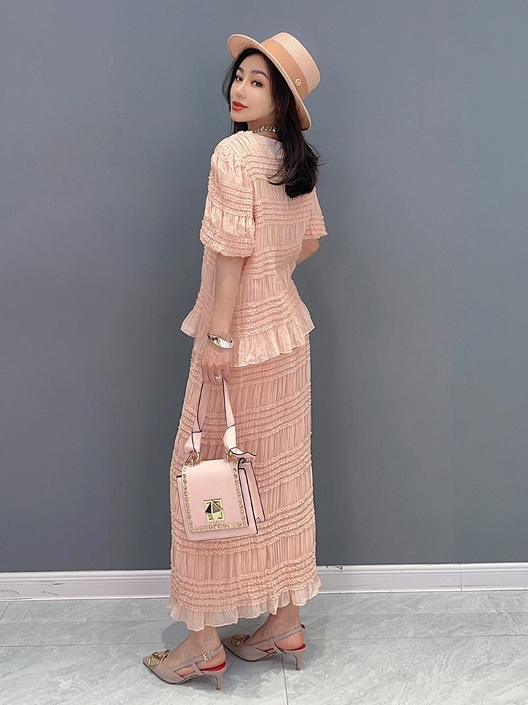 Haute Couture Pleated Top & Skirt 2-Piece Set