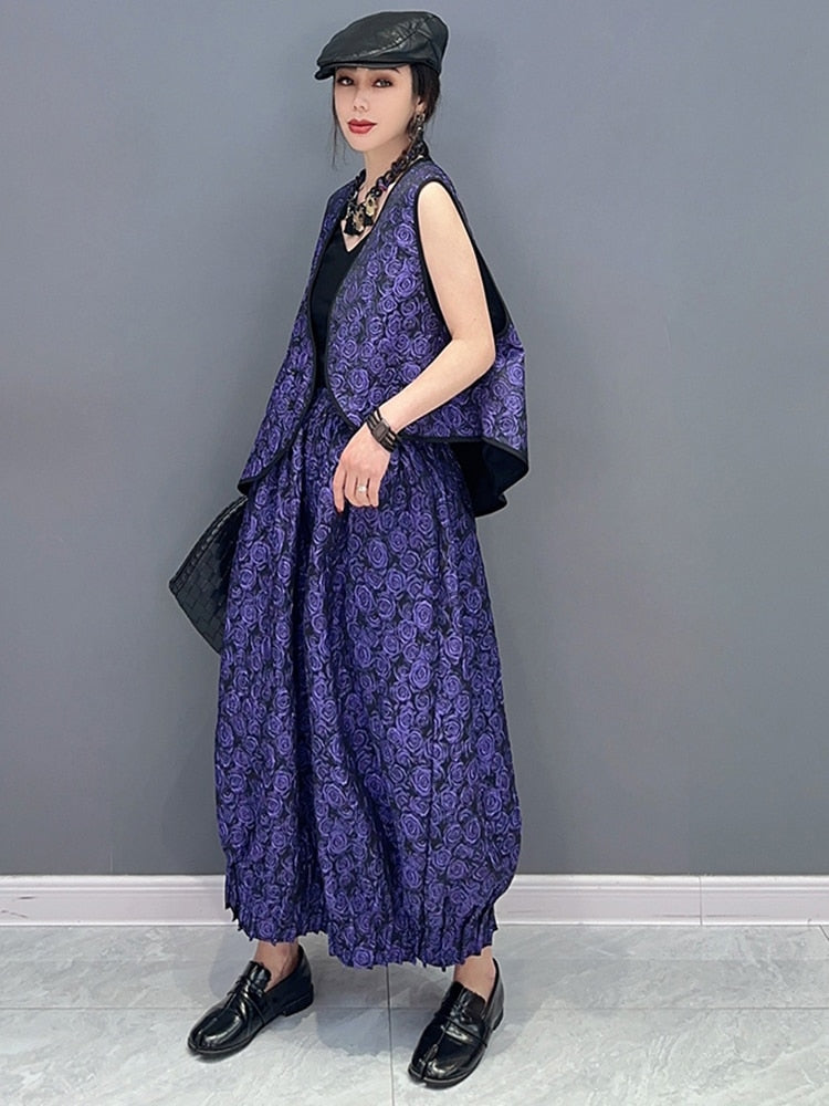 Purple Floral Vest & Elastic Waist Balloon Pants 2-Piece Set