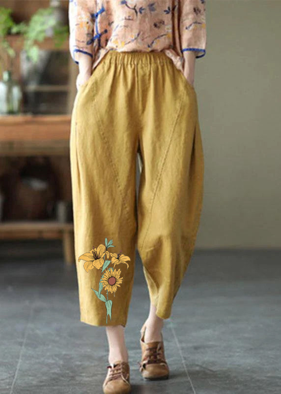 Natural Yellow Elastic Waist Summer Linen Harem Pants