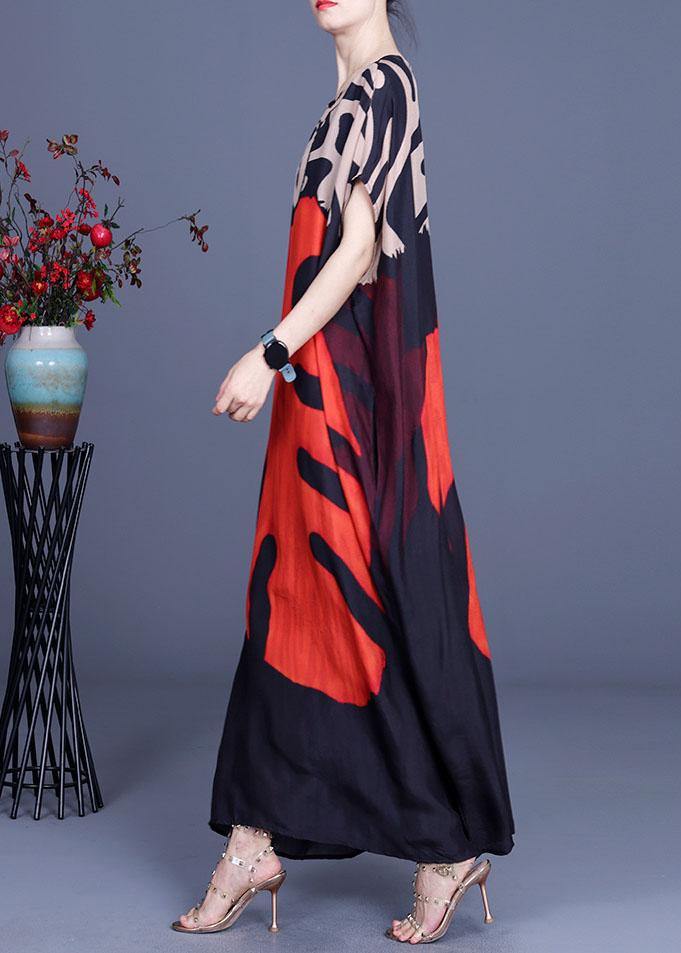 Bohemian Red Print O-Neck Silk Summer Maxi Dresses