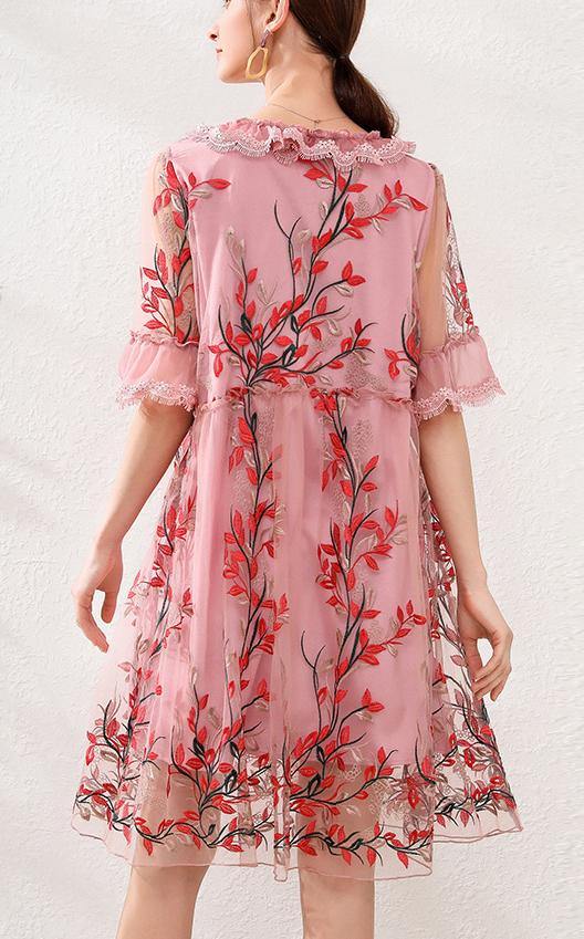 Natural Pink Embroidery Lace Bow Summer Dress