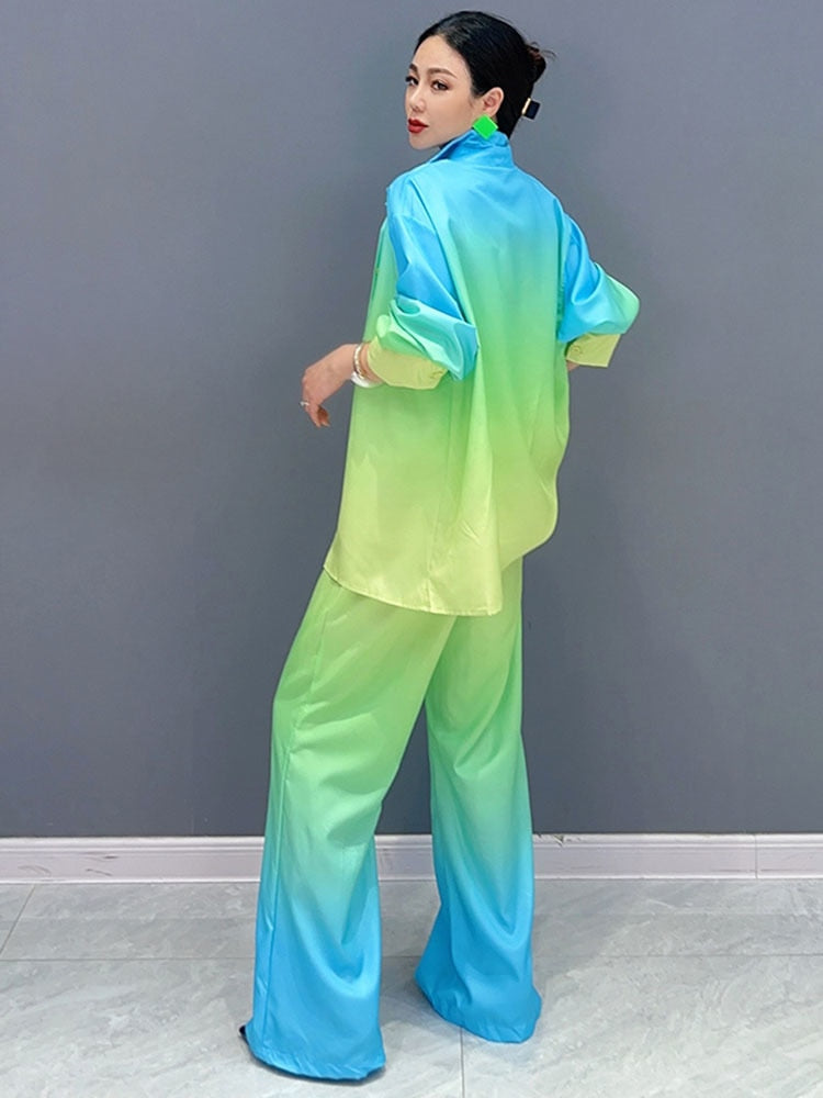 Trendy Fashion Duo Gradient Loose Long Sleeve Top & Pants Set