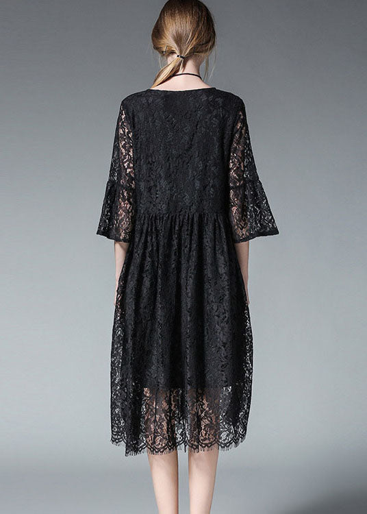 Plus Size Women Black Hollow Out Lace Dress Spring