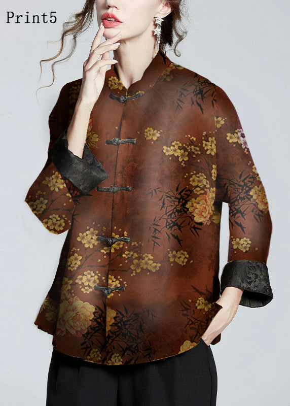 Chinese Style Golden Brown Stand Collar Button Print Silk Coats Long Sleeve