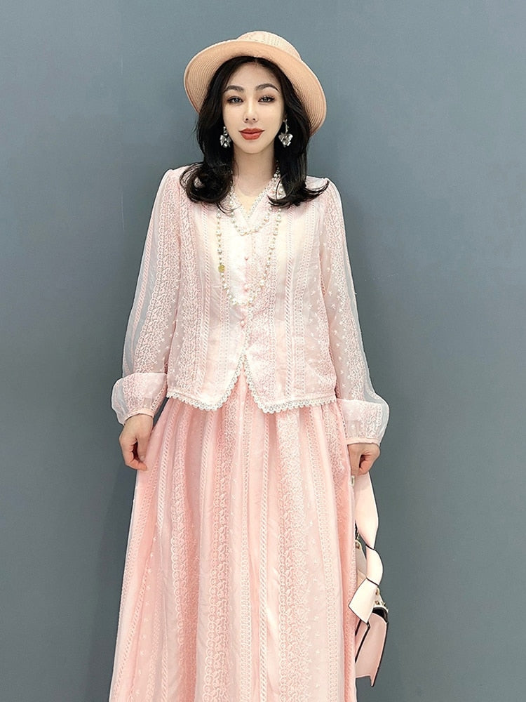 Pink or White Long Sleeve Lace Top & Maxi Skirt 2-Piece Set