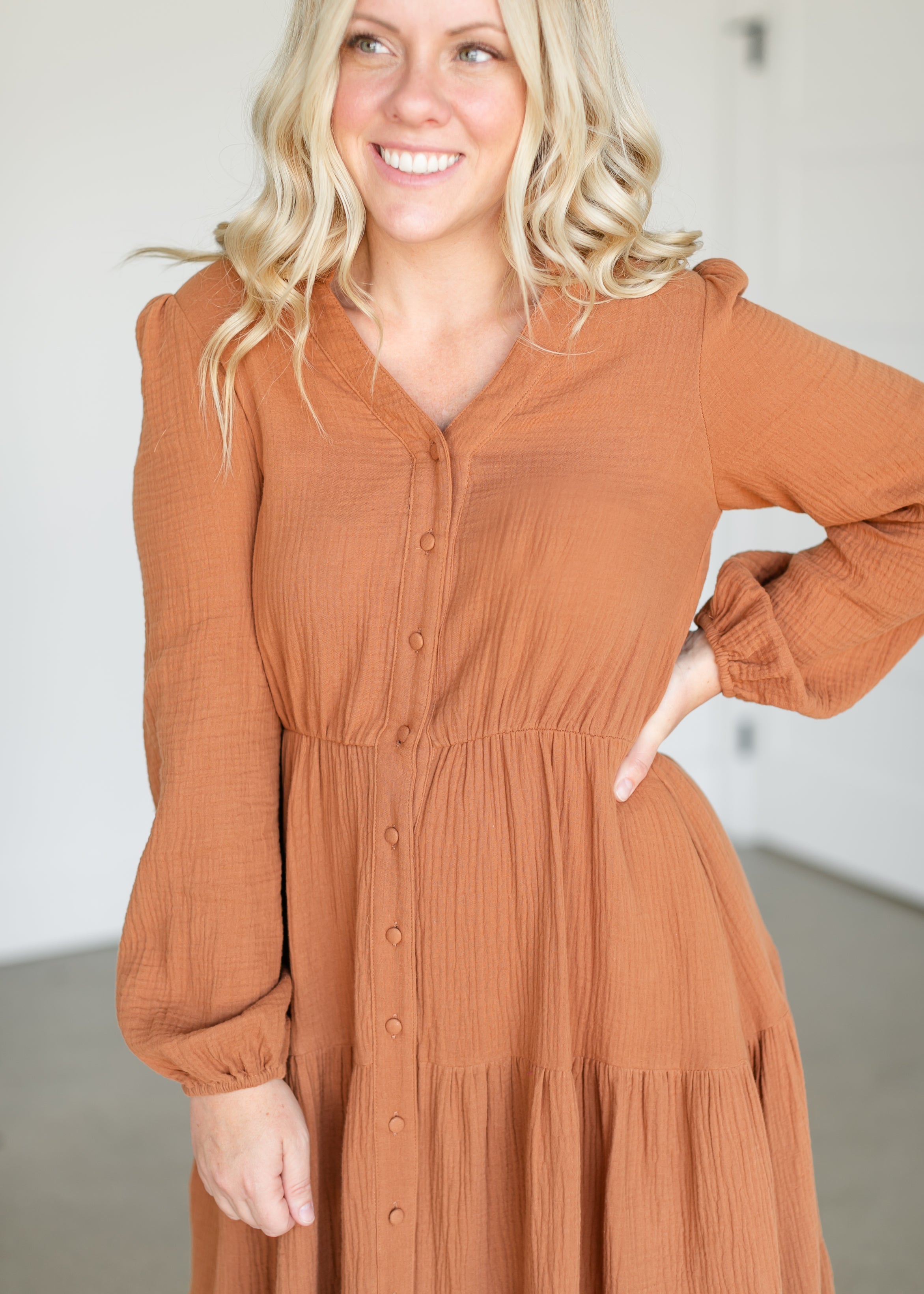 Button Up Long Sleeve Muslin Dress