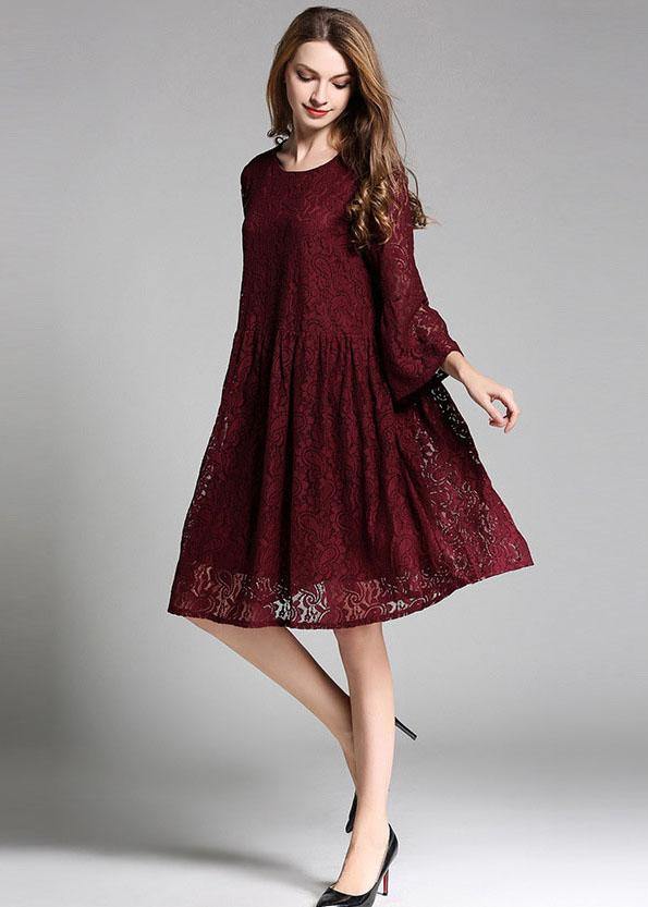 Loose Mulberry Lace Wrinkled Spring Long Dress Three Quarter Sleeve