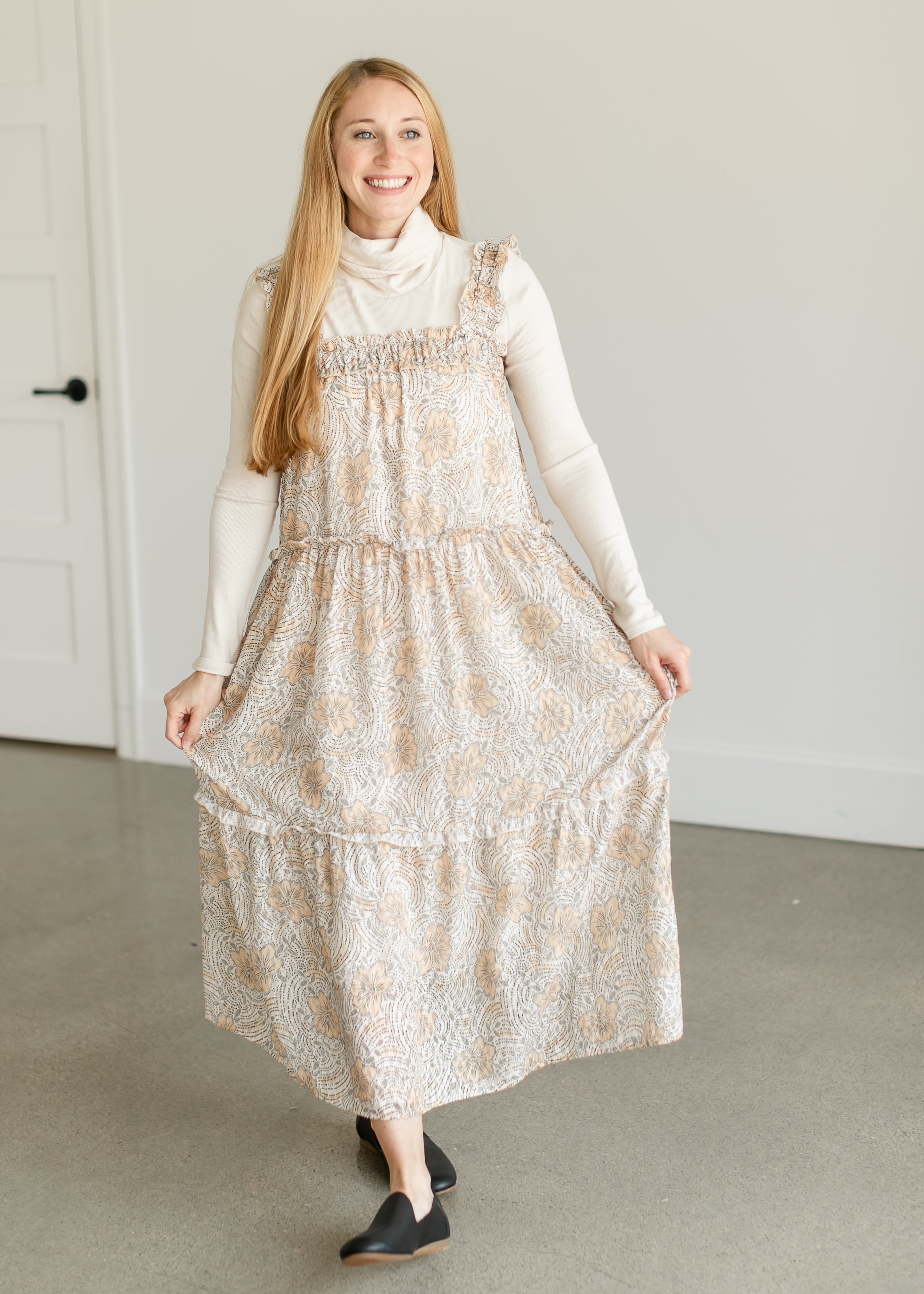 Golden Floral Tiered Maxi Dress