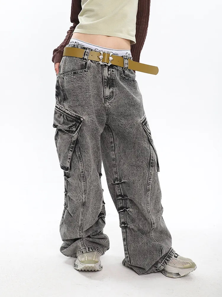 Retro Chic Old Washed Wide-Leg Cargo Pants
