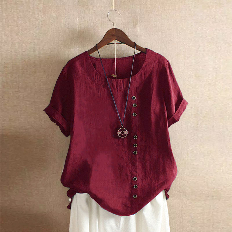 Women's 2023 Spring-Summer Casual Short Sleeve Tunic Tops Ruffle Button Loose Blouse T-Shirts