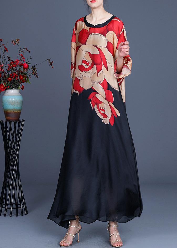 Plus Size Red Print O-Neck Chiffon Summer Dress