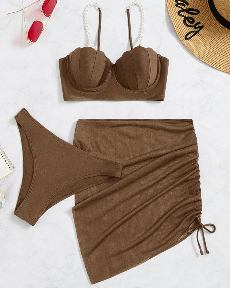 3 Piece Bikini Bathing Suit Mermaid Halter Pearl String Triangle Swimsuit