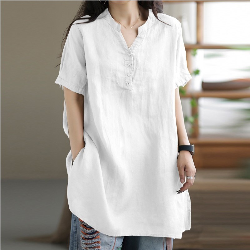Women Summer Cotton Linen Tops Oversized Casual Short Sleeve V Neck