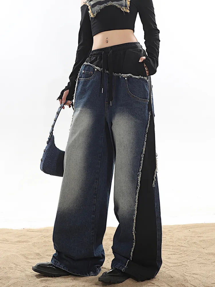 Classic Retro Elastic Waist Wide Leg Denim Pants