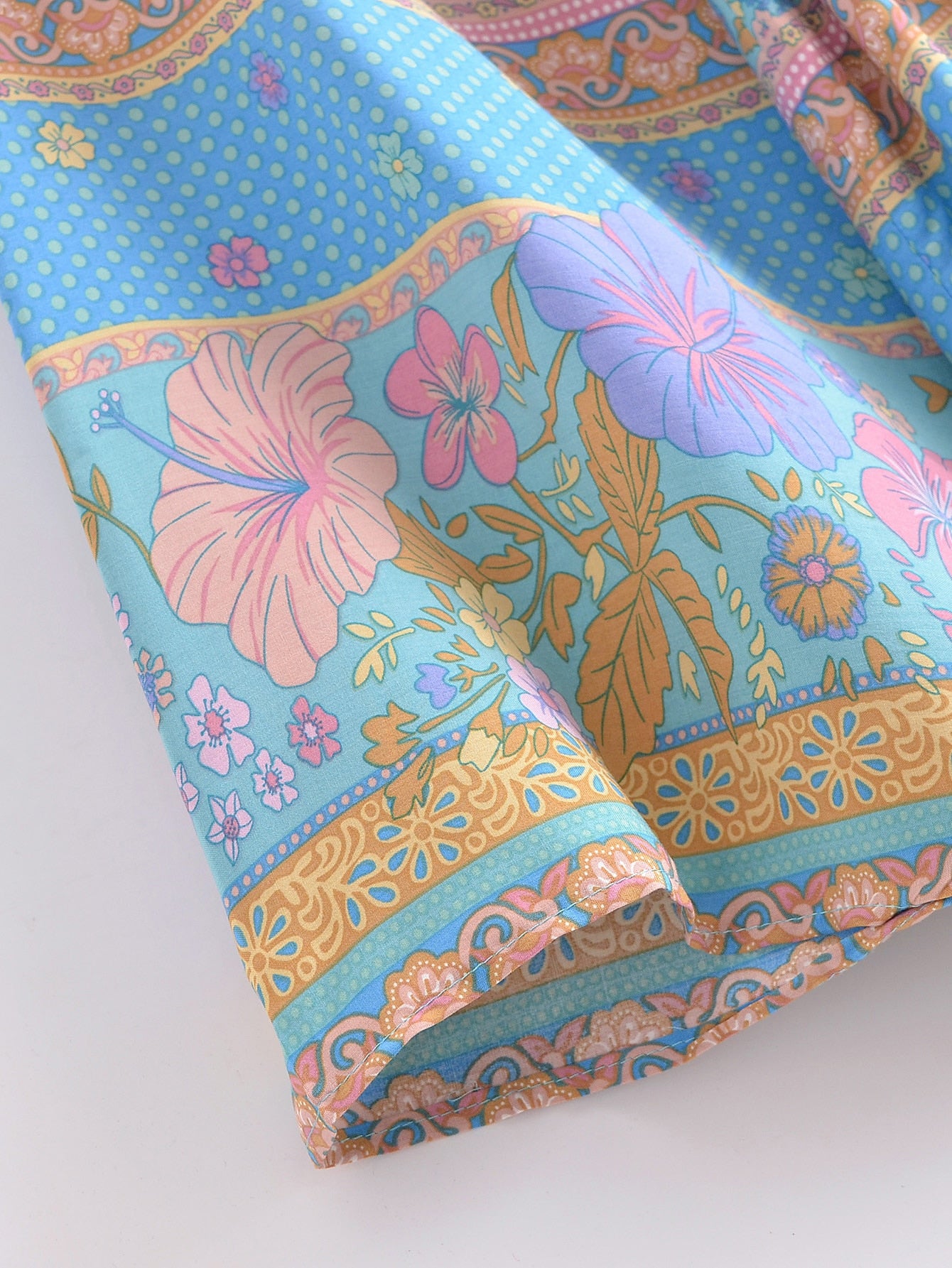 Blue Hibiscus Boho Floral Print Short Robe