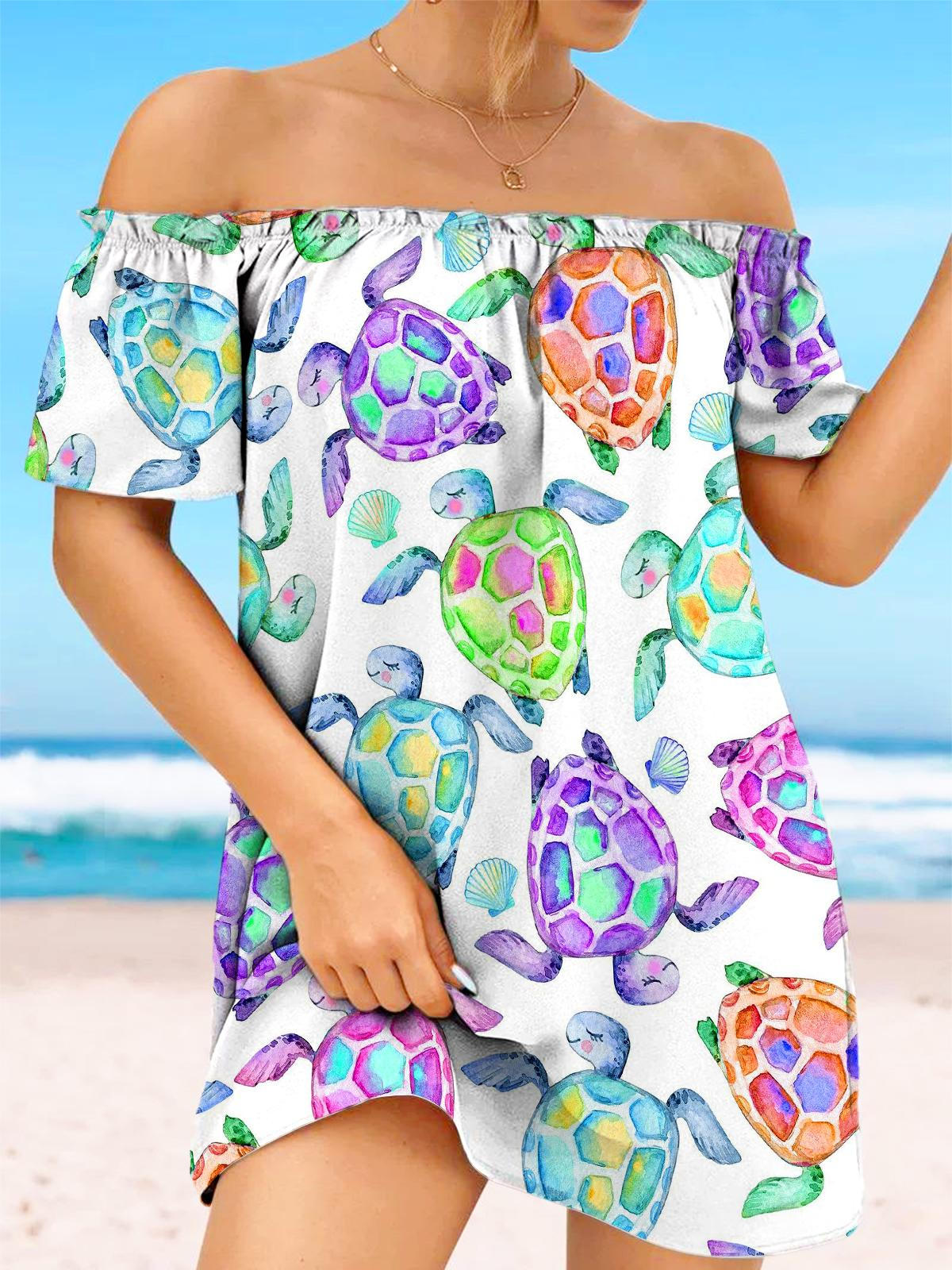 Watercolor Turtle Print Off-Shoulder Mini Dress