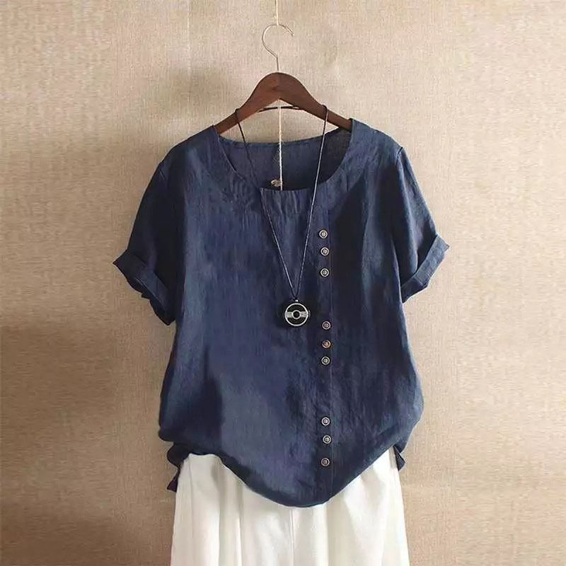 Women's 2023 Spring-Summer Casual Short Sleeve Tunic Tops Ruffle Button Loose Blouse T-Shirts