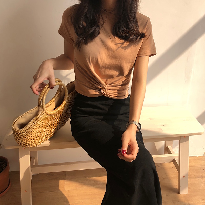 Short Sleeve Cotton Front Knot T-shirts Women Solid Casual Cropped Tshirt Girls Chic Crop Tops For Female Summer