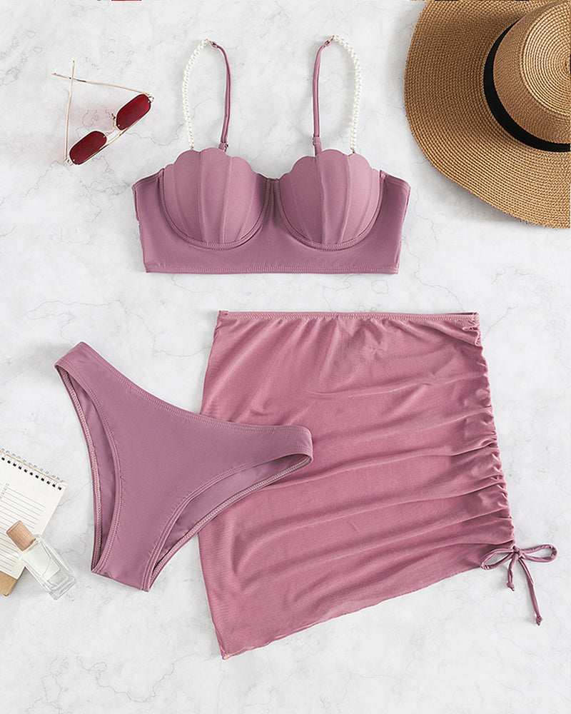 3 Piece Bikini Bathing Suit Mermaid Halter Pearl String Triangle Swimsuit