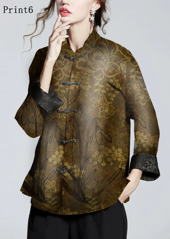 Chinese Style Golden Brown Stand Collar Button Print Silk Coats Long Sleeve