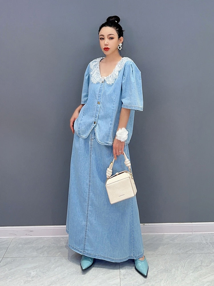 Handmade Everyday Casual Denim Top & Skirt 2-Piece Set