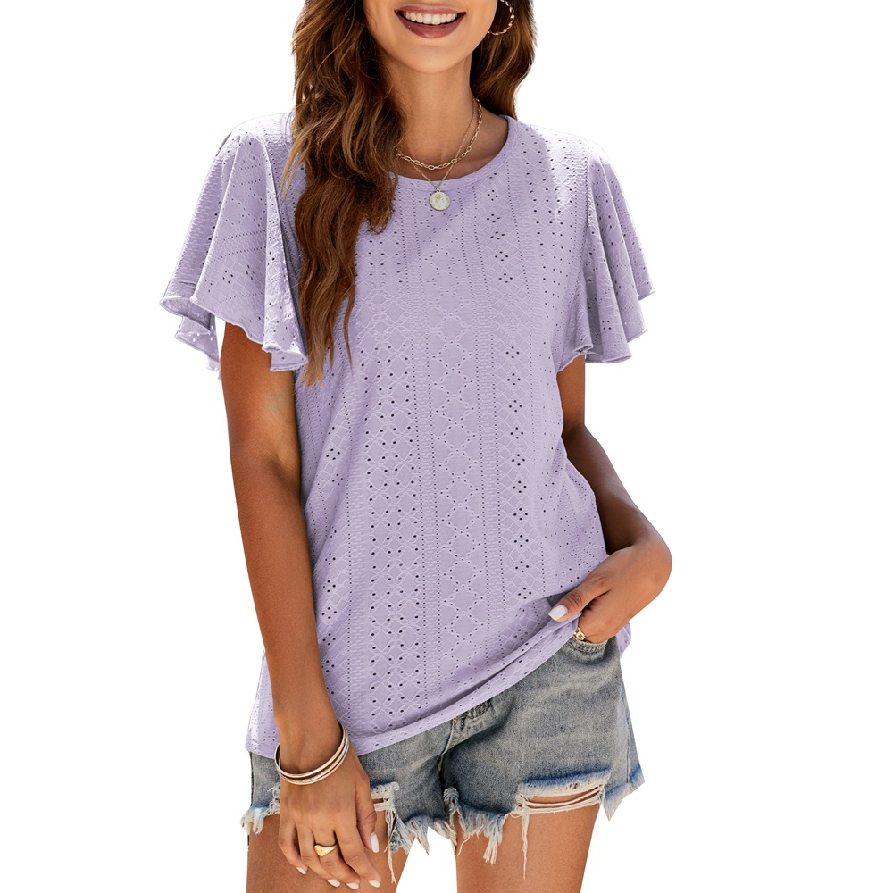 Ladies T-Shirt Cutout Tunic Ruffle Sleeve Casual Top