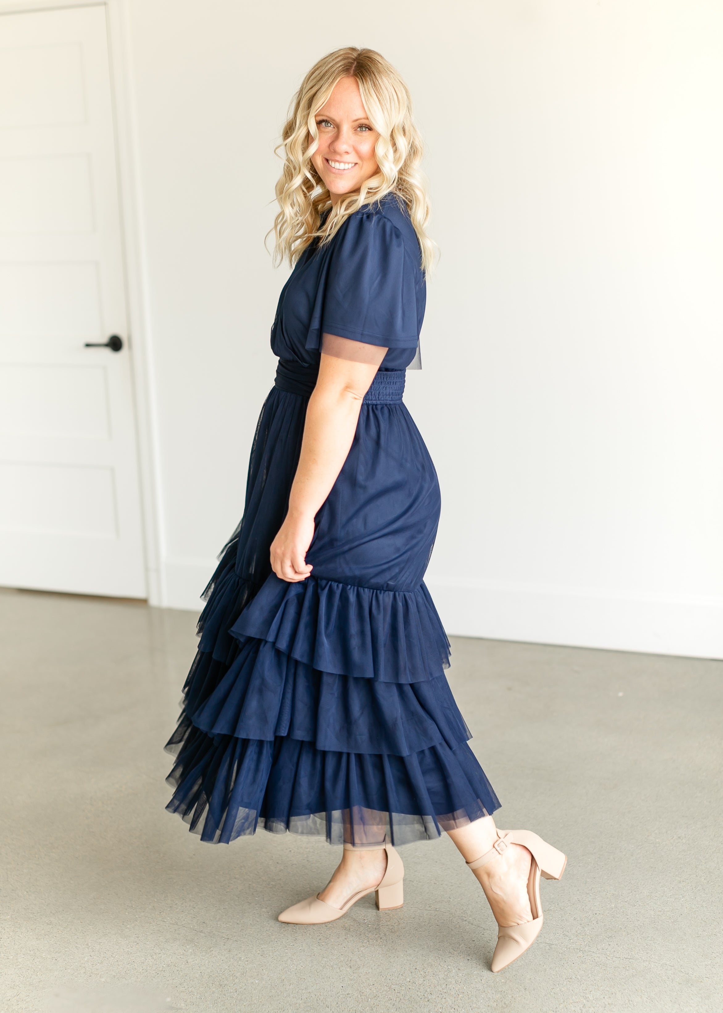 Tulle Tiered Short Sleeve Maxi Dress
