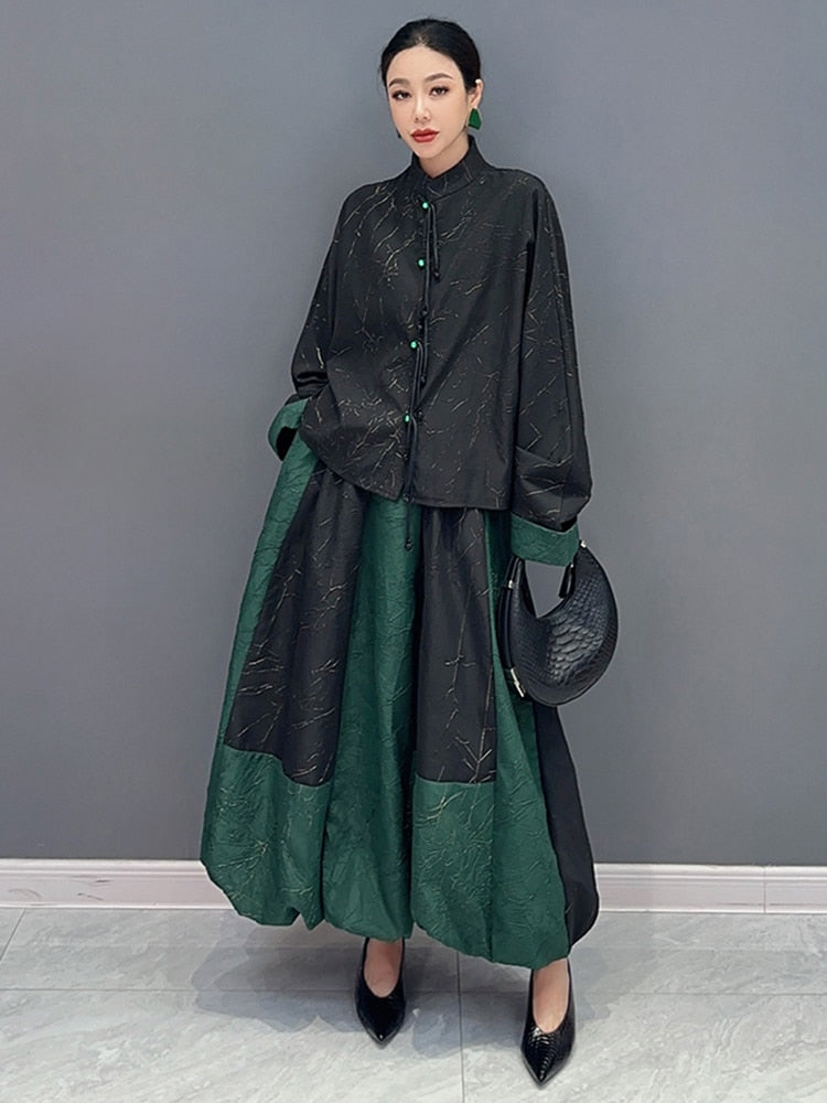 Versatile Casual 2-Piece Set - Long Sleeve Top & Oversized Skirt