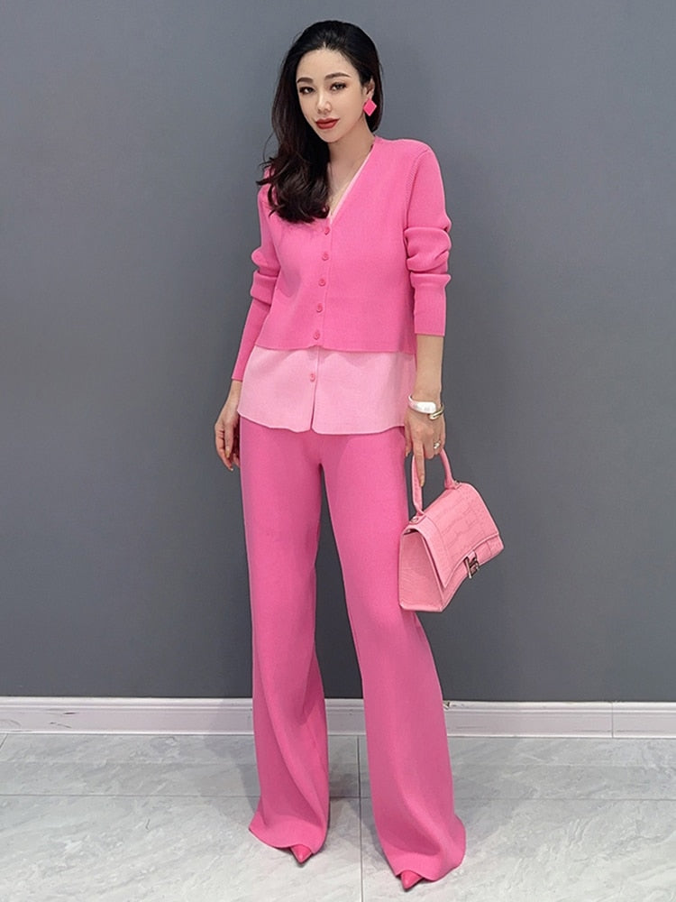 Elegant Pink Fitted Top and Loose-Leg Pants 2-Piece Set