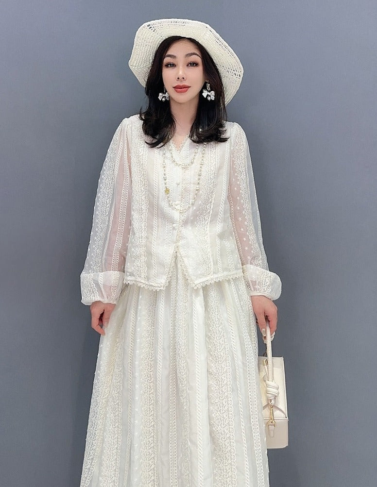 Pink or White Long Sleeve Lace Top & Maxi Skirt 2-Piece Set