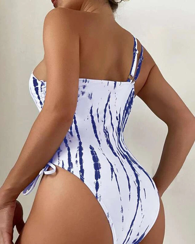 One Pieces Tie Dye Swimsuit One Shoulder Drawstring Bathing Suit