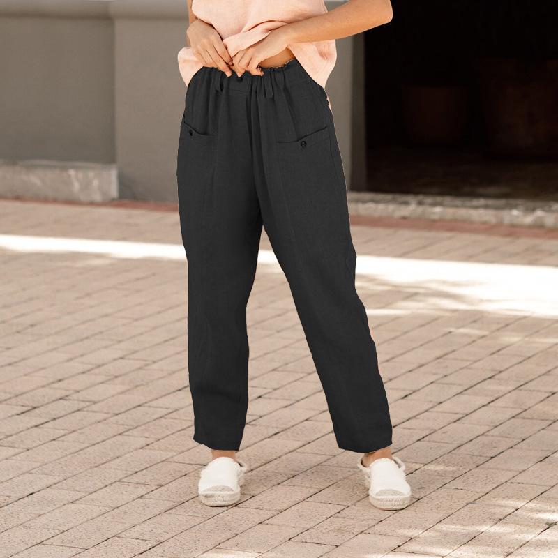 Woman's Button cotton and linen elastic waist casual pants