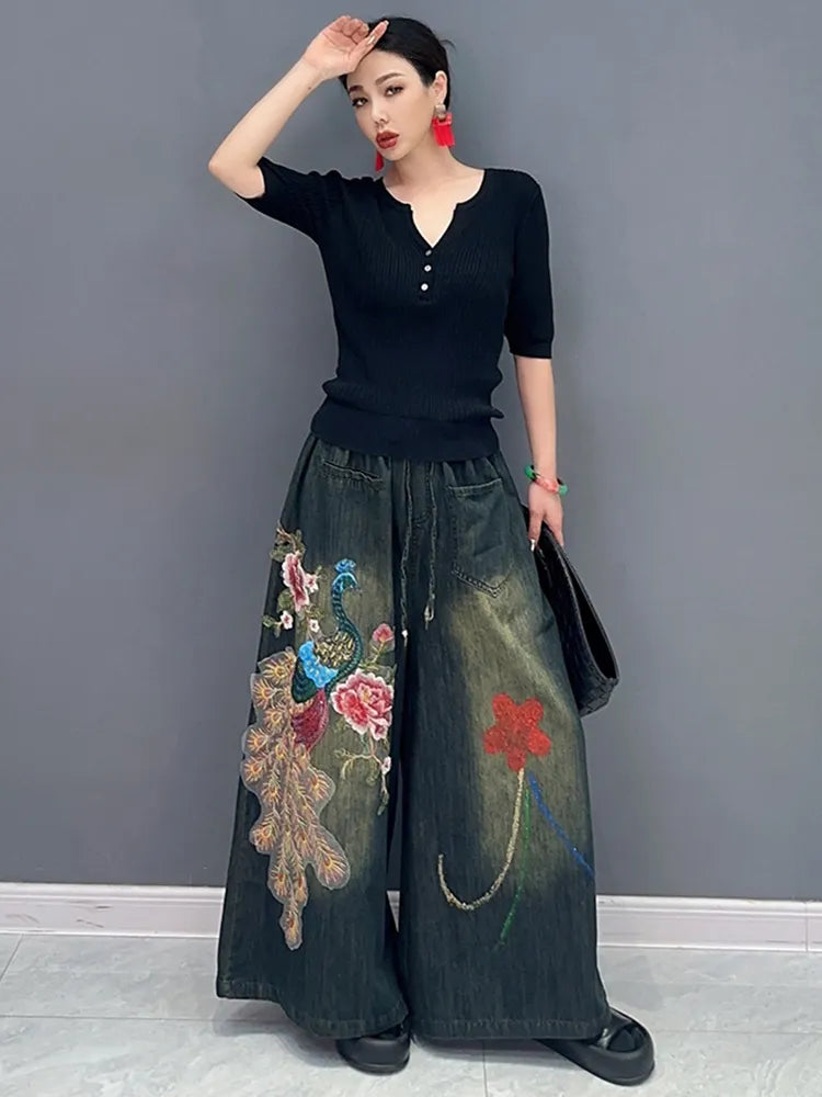 Classic Embroidery Elastic Waist Wide Leg Denim Pants